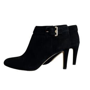 Vince Camuto Chrissa Black Suede Heeled Ankle Booties, Gold Zipper, Size 7.5